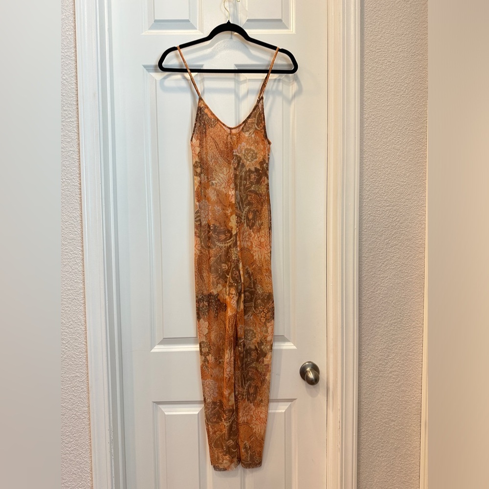 Misa Lisa Angeles sheer orange and brown floral jumpsuit, size small
